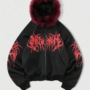 ROMWE Black Bomber Jacket with Red Design and Fur Trim